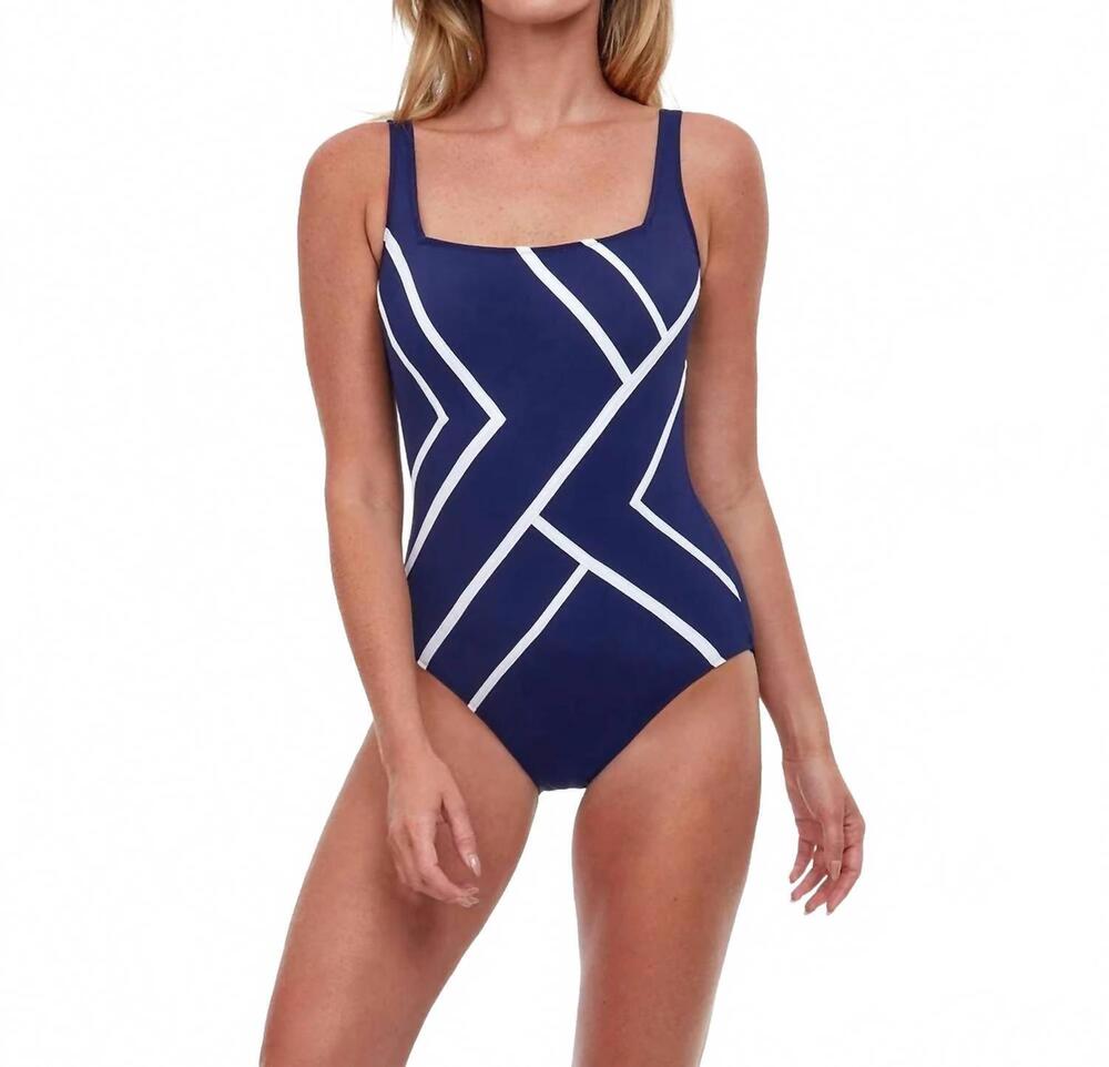 NEW GOTTEX mirage full coverage square neck one piece swimsuit in blue/white